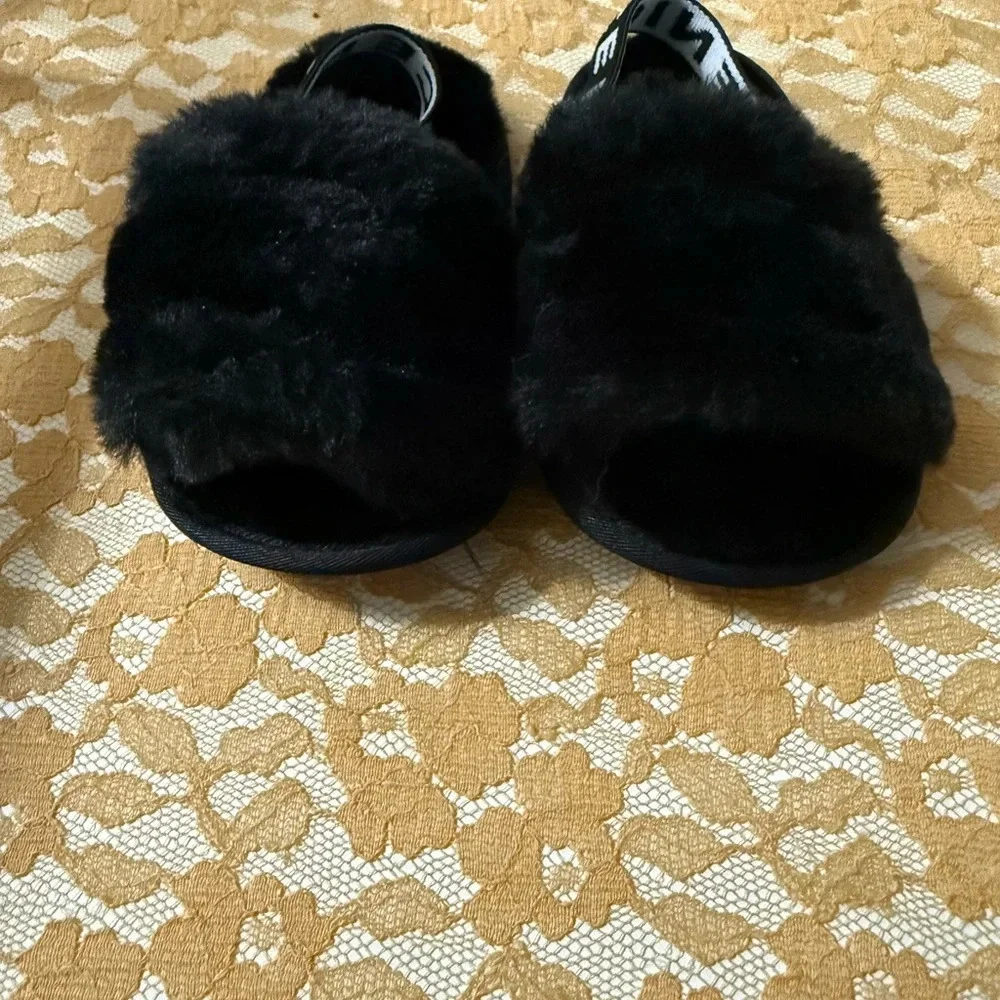 Black Faux Fur slides crib shoes 6m-12m - Picture 2 of 5